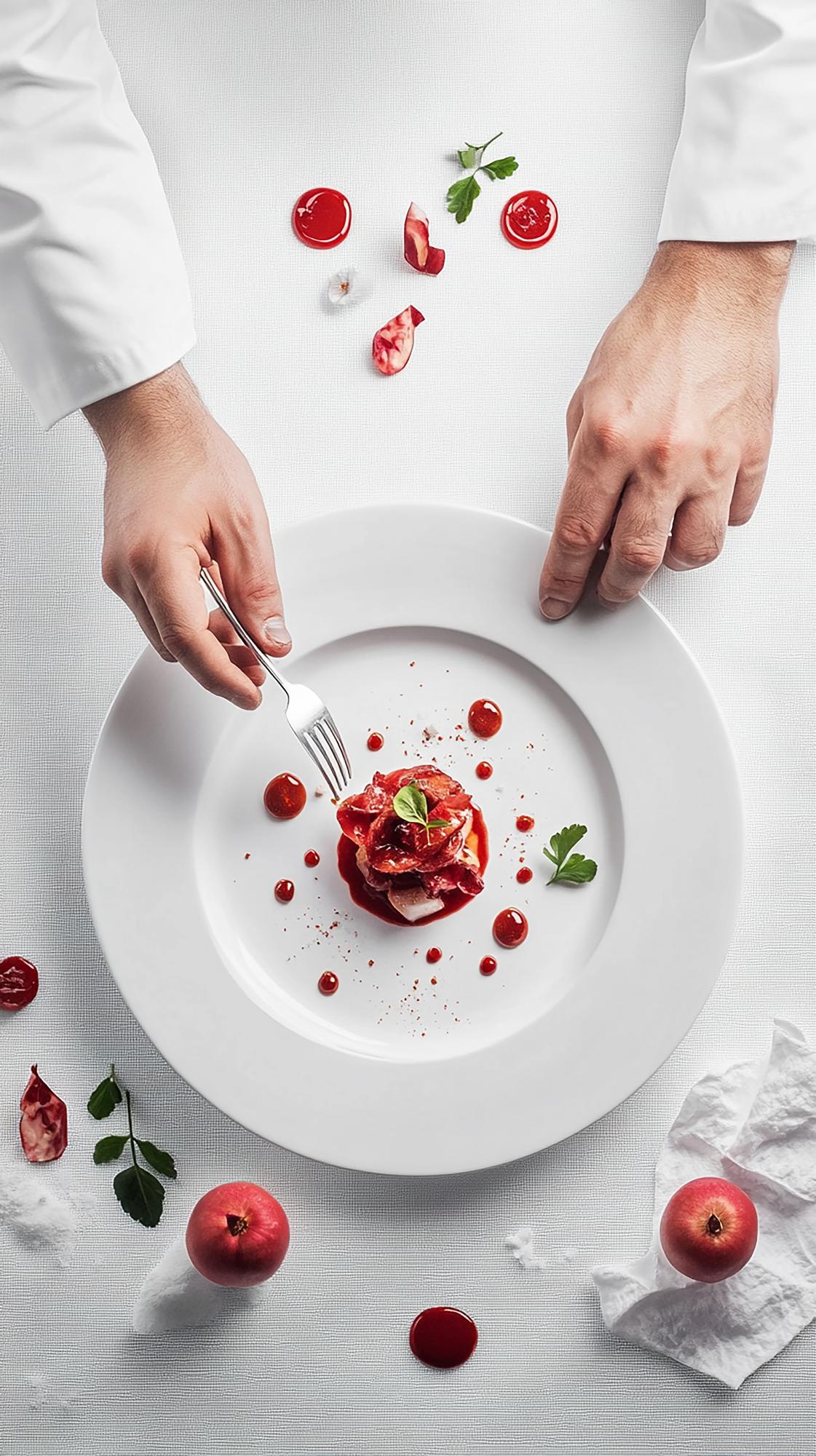 Large editorial photo of chef plating dish